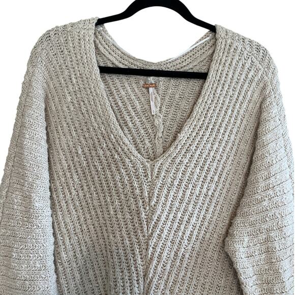 Free People FP V-Neck Chunky Knit Oversized Sweater Oatmeal Light Beige Size S - Picture 5 of 9